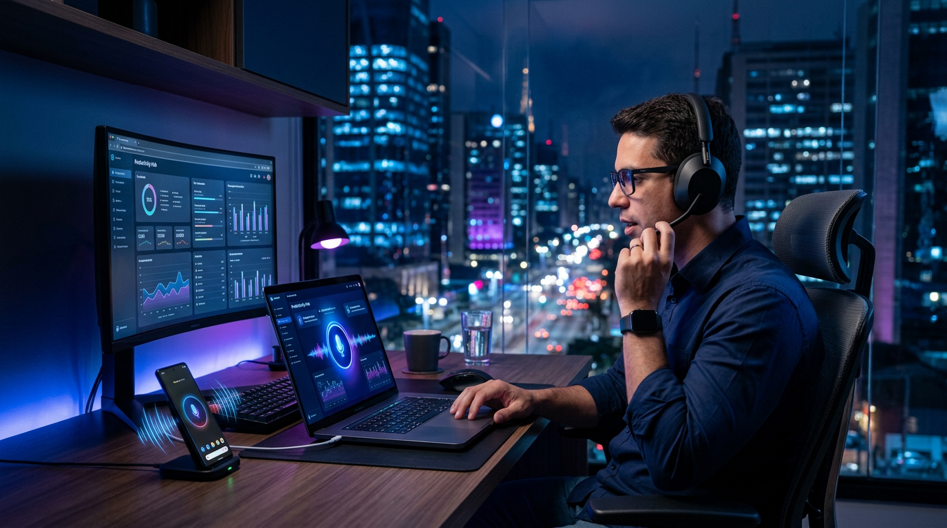 Profissional usando comandos por voz com IA no computador